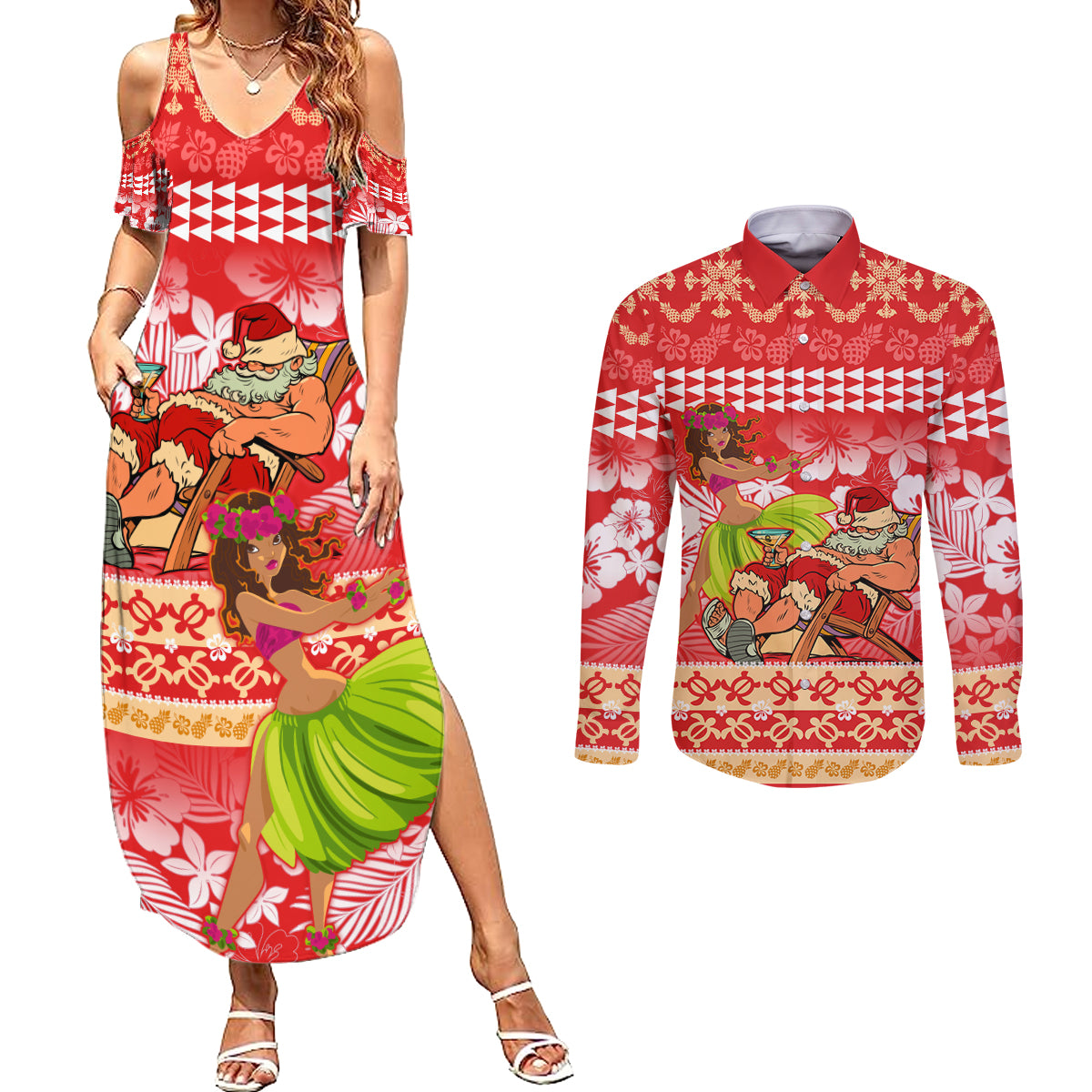 Personalised Hawaii Mele Kalikimaka Couples Matching Summer Maxi Dress and Long Sleeve Button Shirt Santa Claus and Hula Dancing Merry Christmas LT9 - Wonder Print Shop