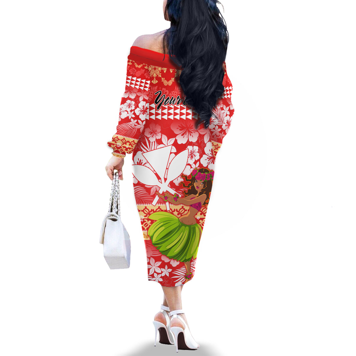 Personalised Hawaii Mele Kalikimaka Family Matching Off Shoulder Long Sleeve Dress and Hawaiian Shirt Santa Claus and Hula Dancing Merry Christmas - Wonder Print Shop