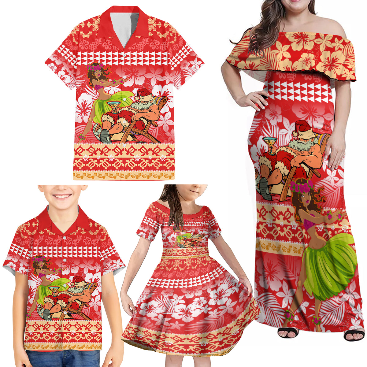 Personalised Hawaii Mele Kalikimaka Family Matching Off Shoulder Maxi Dress and Hawaiian Shirt Santa Claus and Hula Dancing Merry Christmas LT9 - Wonder Print Shop