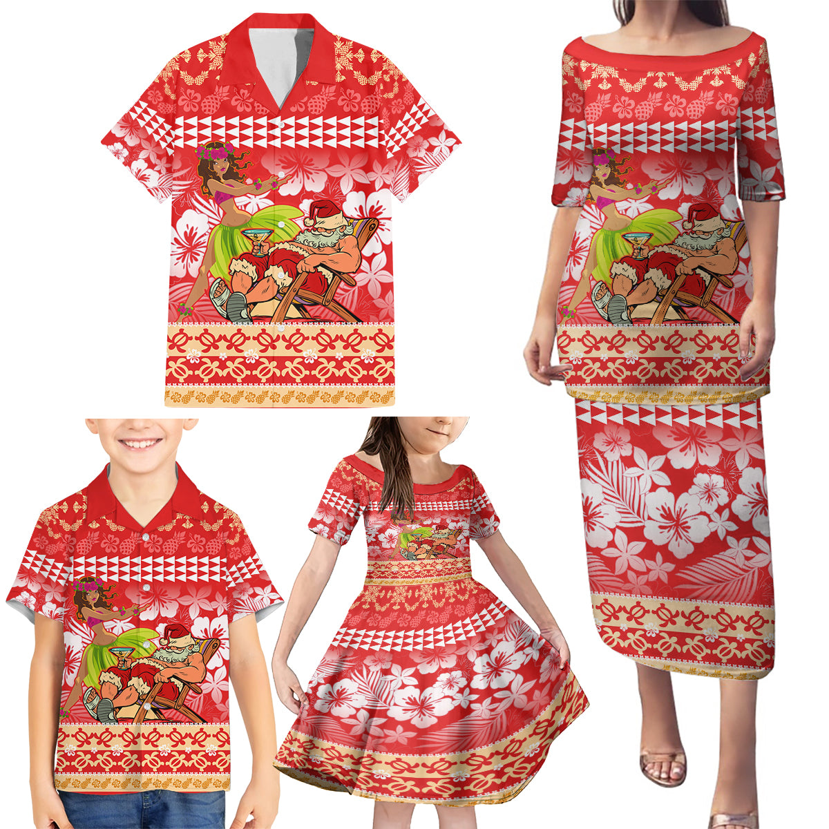 Personalised Hawaii Mele Kalikimaka Family Matching Puletasi Dress and Hawaiian Shirt Santa Claus and Hula Dancing Merry Christmas - Wonder Print Shop