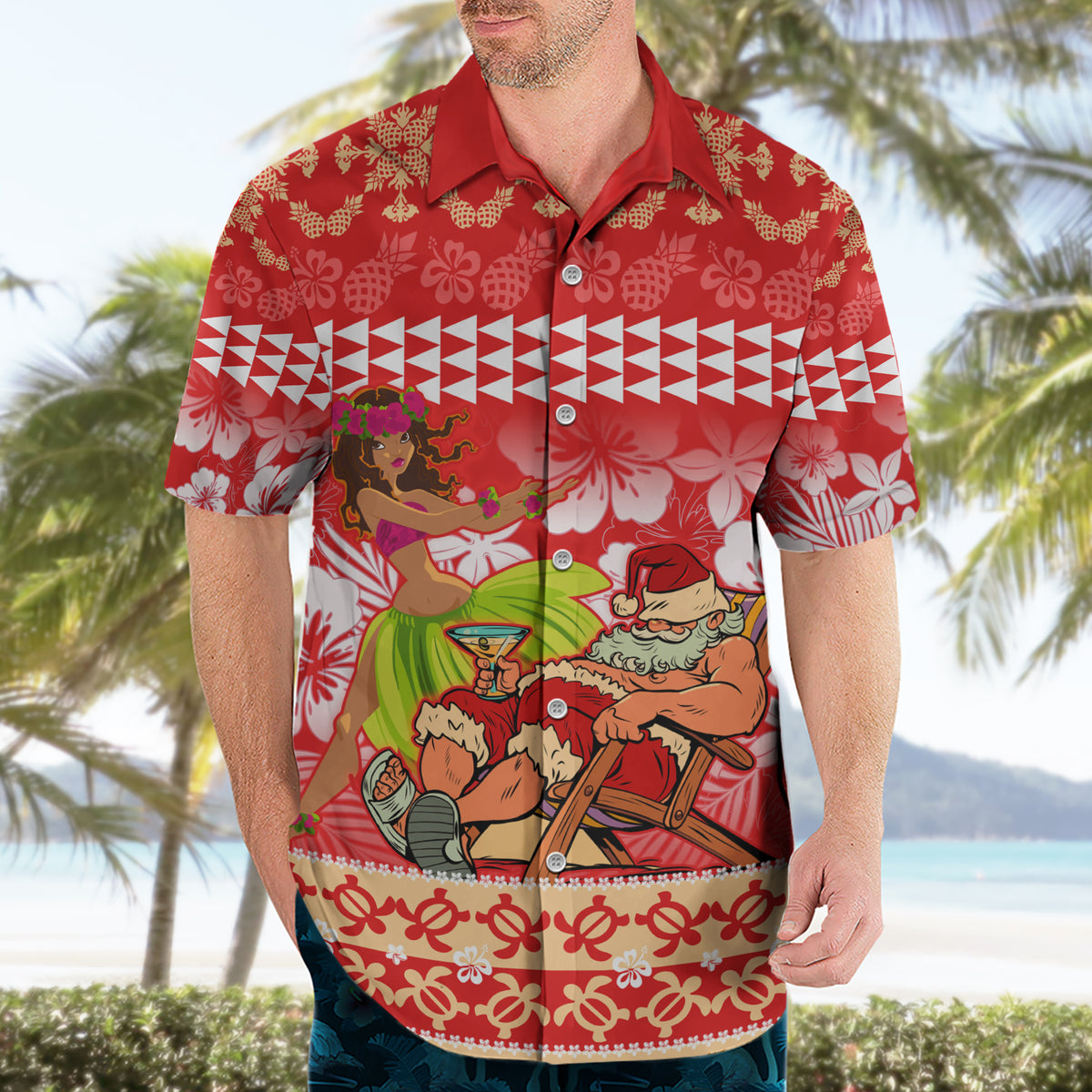 Personalised Hawaii Mele Kalikimaka Hawaiian Shirt Santa Claus and Hula Dancing Merry Christmas - Wonder Print Shop