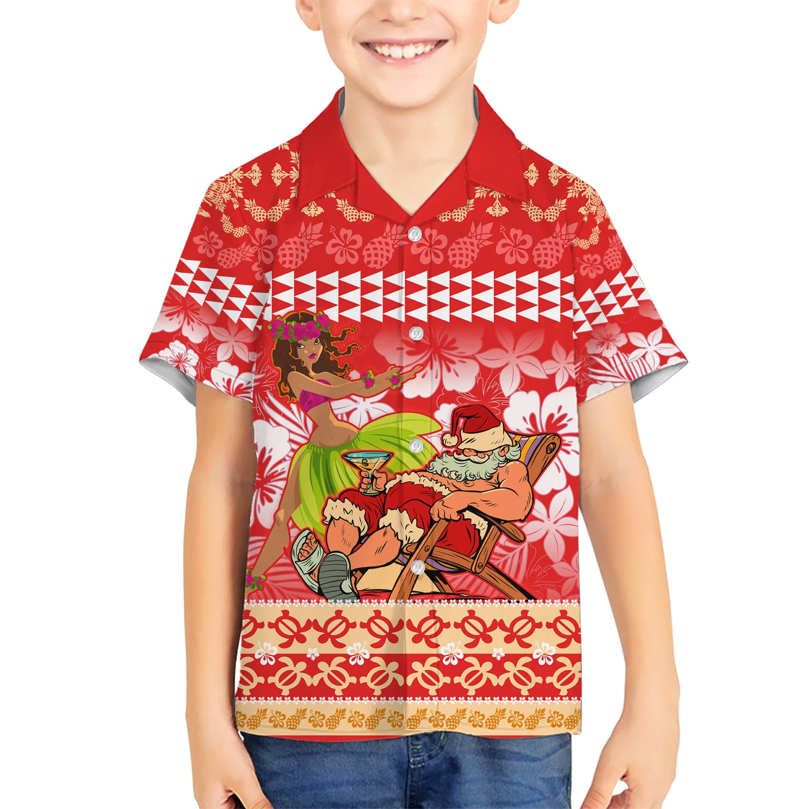 Personalised Hawaii Mele Kalikimaka Kid Hawaiian Shirt Santa Claus and Hula Dancing Merry Christmas - Wonder Print Shop
