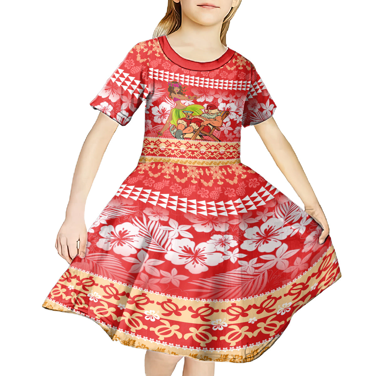 Personalised Hawaii Mele Kalikimaka Kid Short Sleeve Dress Santa Claus and Hula Dancing Merry Christmas - Wonder Print Shop