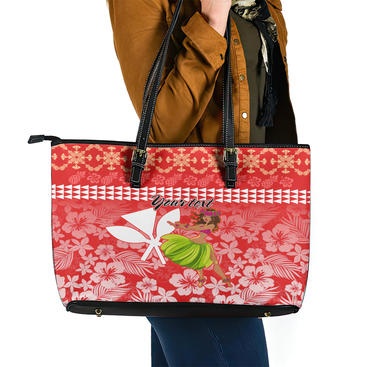Personalised Hawaii Mele Kalikimaka Leather Tote Bag Santa Claus and Hula Dancing Merry Christmas - Wonder Print Shop