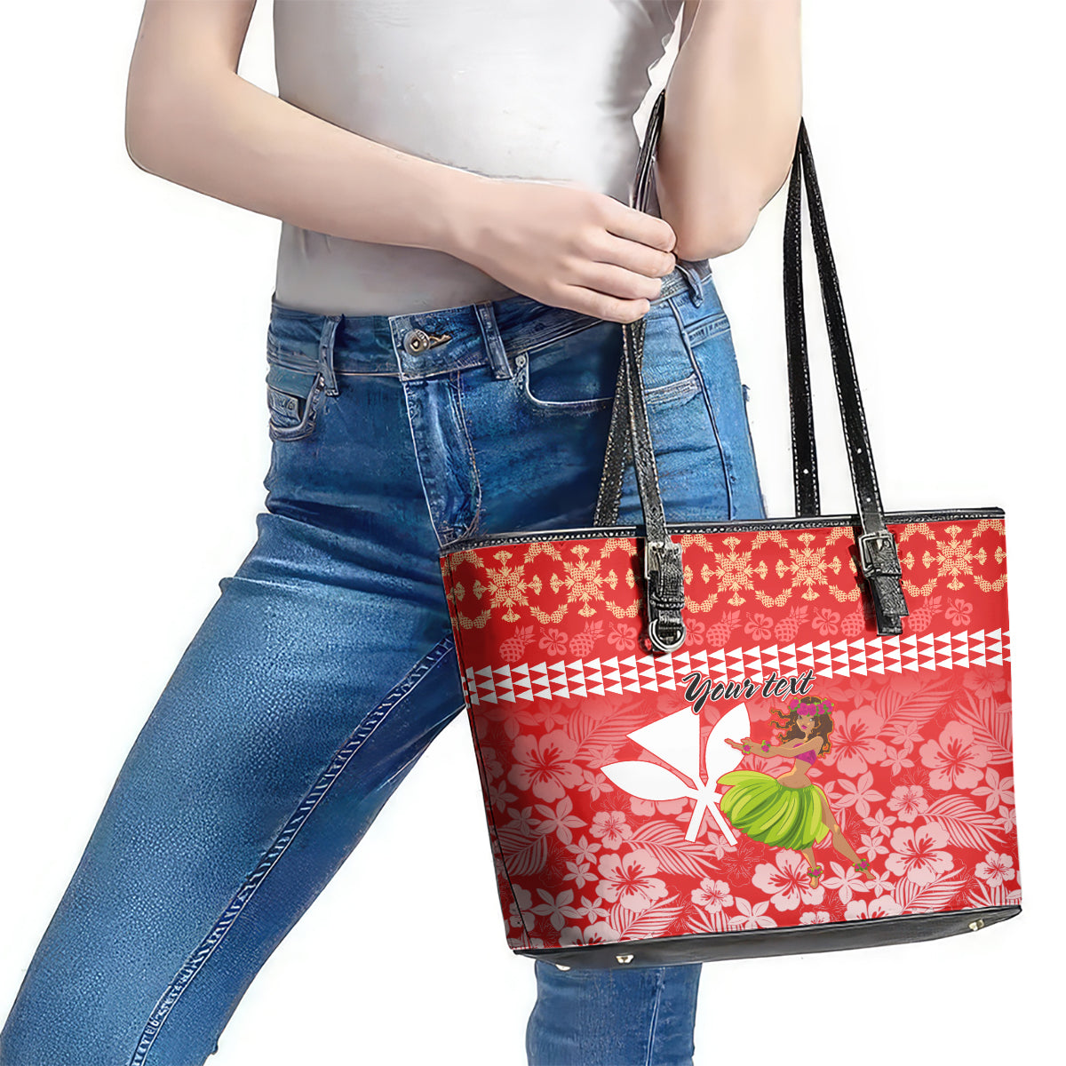 Personalised Hawaii Mele Kalikimaka Leather Tote Bag Santa Claus and Hula Dancing Merry Christmas - Wonder Print Shop