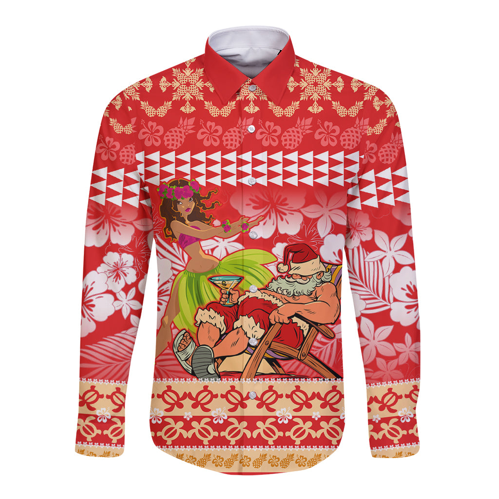 Personalised Hawaii Mele Kalikimaka Long Sleeve Button Shirt Santa Claus and Hula Dancing Merry Christmas - Wonder Print Shop