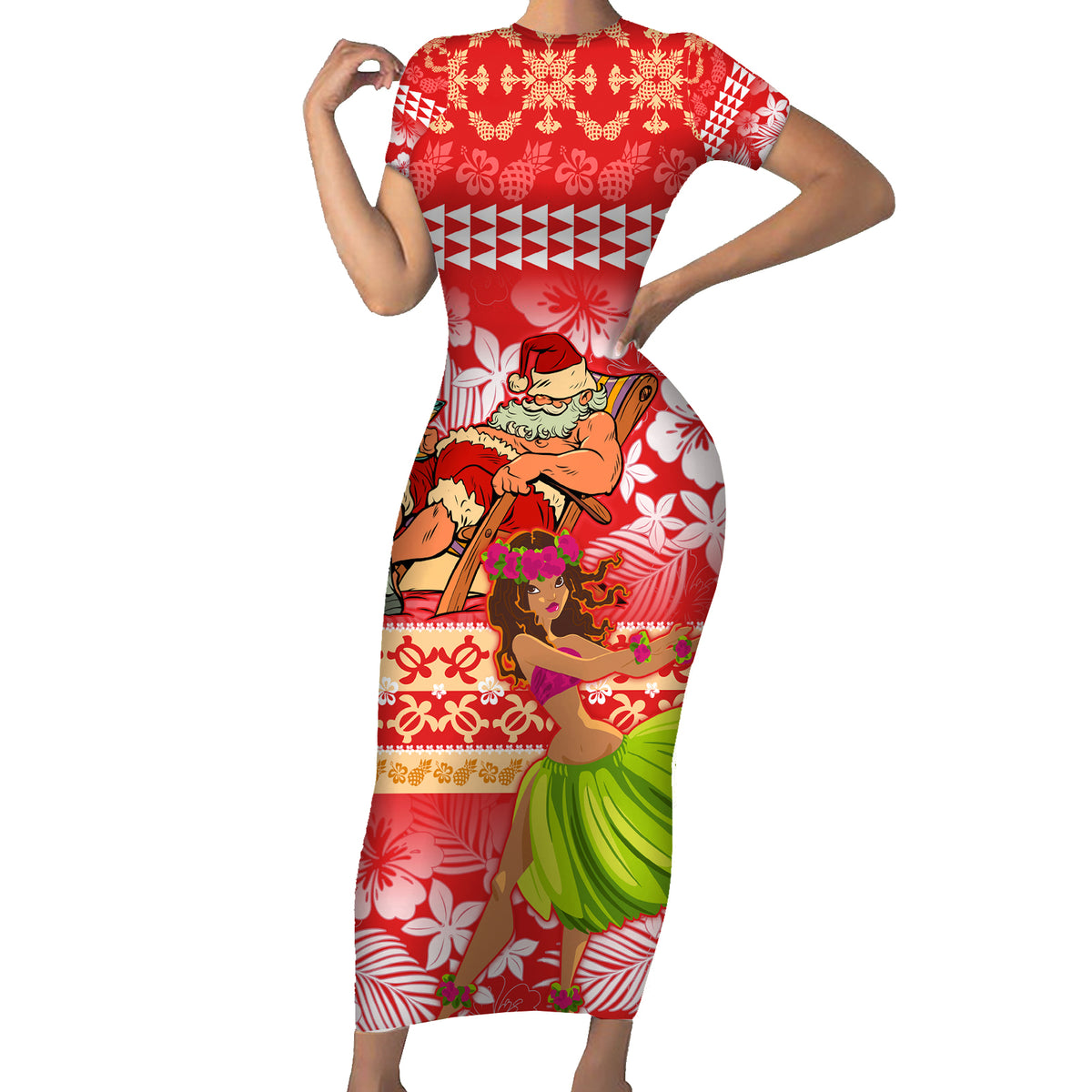 Personalised Hawaii Mele Kalikimaka Short Sleeve Bodycon Dress Santa Claus and Hula Dancing Merry Christmas - Wonder Print Shop