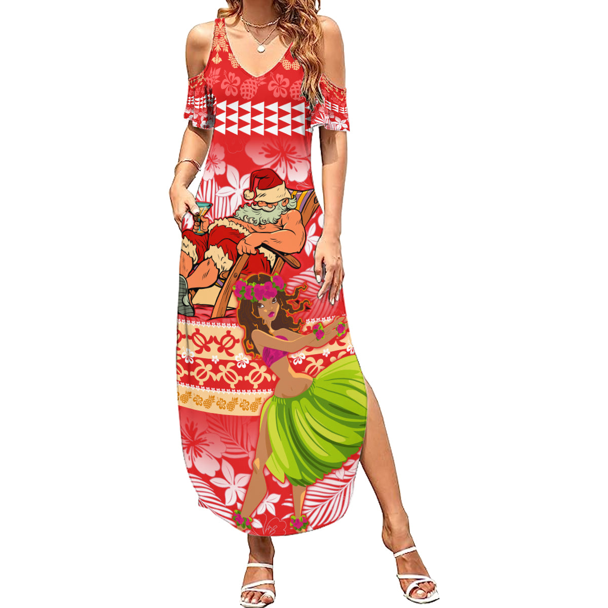 Personalised Hawaii Mele Kalikimaka Summer Maxi Dress Santa Claus and Hula Dancing Merry Christmas - Wonder Print Shop