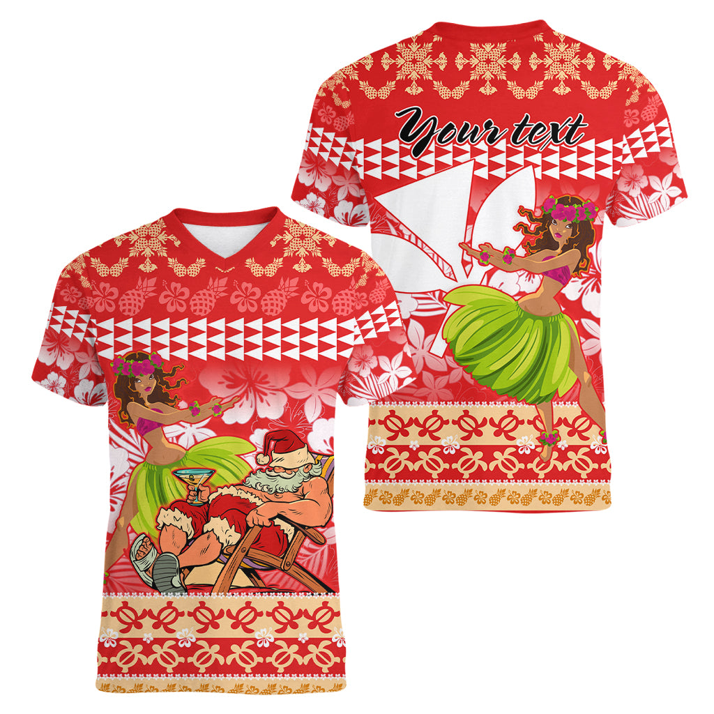 Personalised Hawaii Mele Kalikimaka Women V Neck T Shirt Santa Claus and Hula Dancing Merry Christmas - Wonder Print Shop