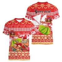 Personalised Hawaii Mele Kalikimaka Women V Neck T Shirt Santa Claus and Hula Dancing Merry Christmas - Wonder Print Shop