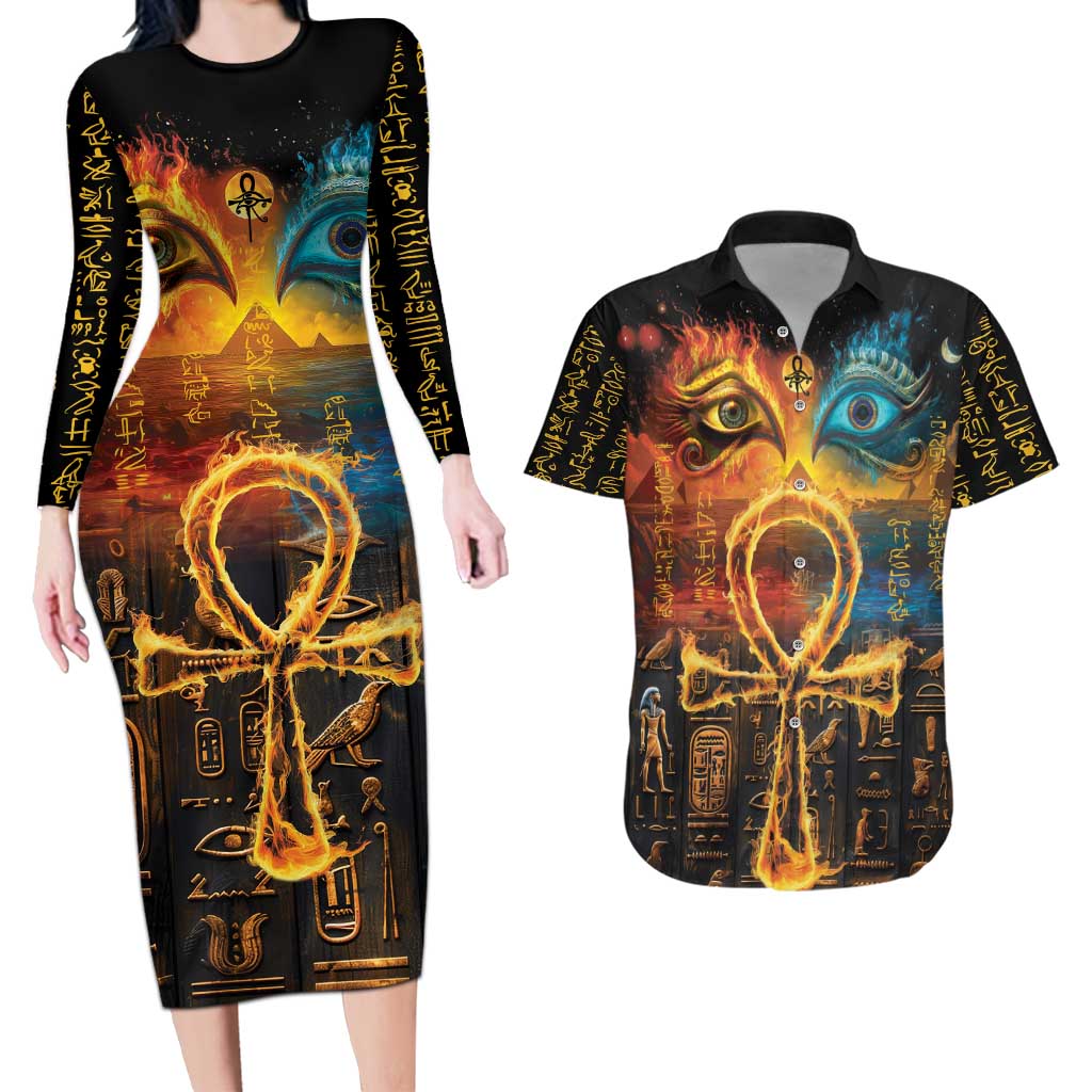 Eye of Ra and Eye of Horus Couples Matching Long Sleeve Bodycon Dress and Hawaiian Shirt Power and Magic Ancient Egyptian Mythology LT9 - Wonder Print Shop