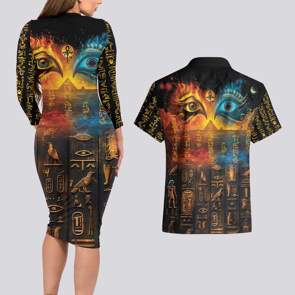 Eye of Ra and Eye of Horus Couples Matching Long Sleeve Bodycon Dress and Hawaiian Shirt Power and Magic Ancient Egyptian Mythology LT9 - Wonder Print Shop