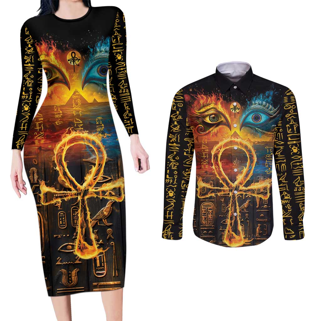 Eye of Ra and Eye of Horus Couples Matching Long Sleeve Bodycon Dress and Long Sleeve Button Shirt Power and Magic Ancient Egyptian Mythology LT9 - Wonder Print Shop