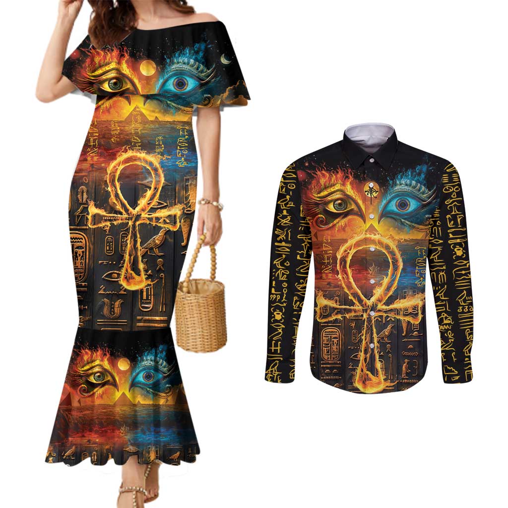 Eye of Ra and Eye of Horus Couples Matching Mermaid Dress and Long Sleeve Button Shirt Power and Magic Ancient Egyptian Mythology