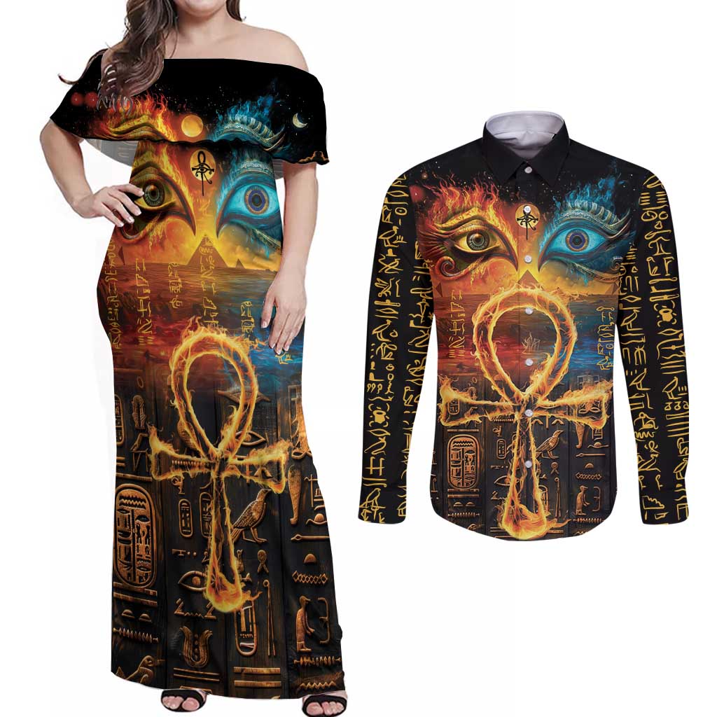 Eye of Ra and Eye of Horus Couples Matching Off Shoulder Maxi Dress and Long Sleeve Button Shirt Power and Magic Ancient Egyptian Mythology LT9 - Wonder Print Shop