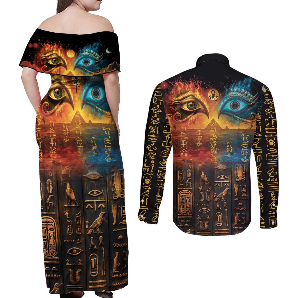 Eye of Ra and Eye of Horus Couples Matching Off Shoulder Maxi Dress and Long Sleeve Button Shirt Power and Magic Ancient Egyptian Mythology LT9 - Wonder Print Shop