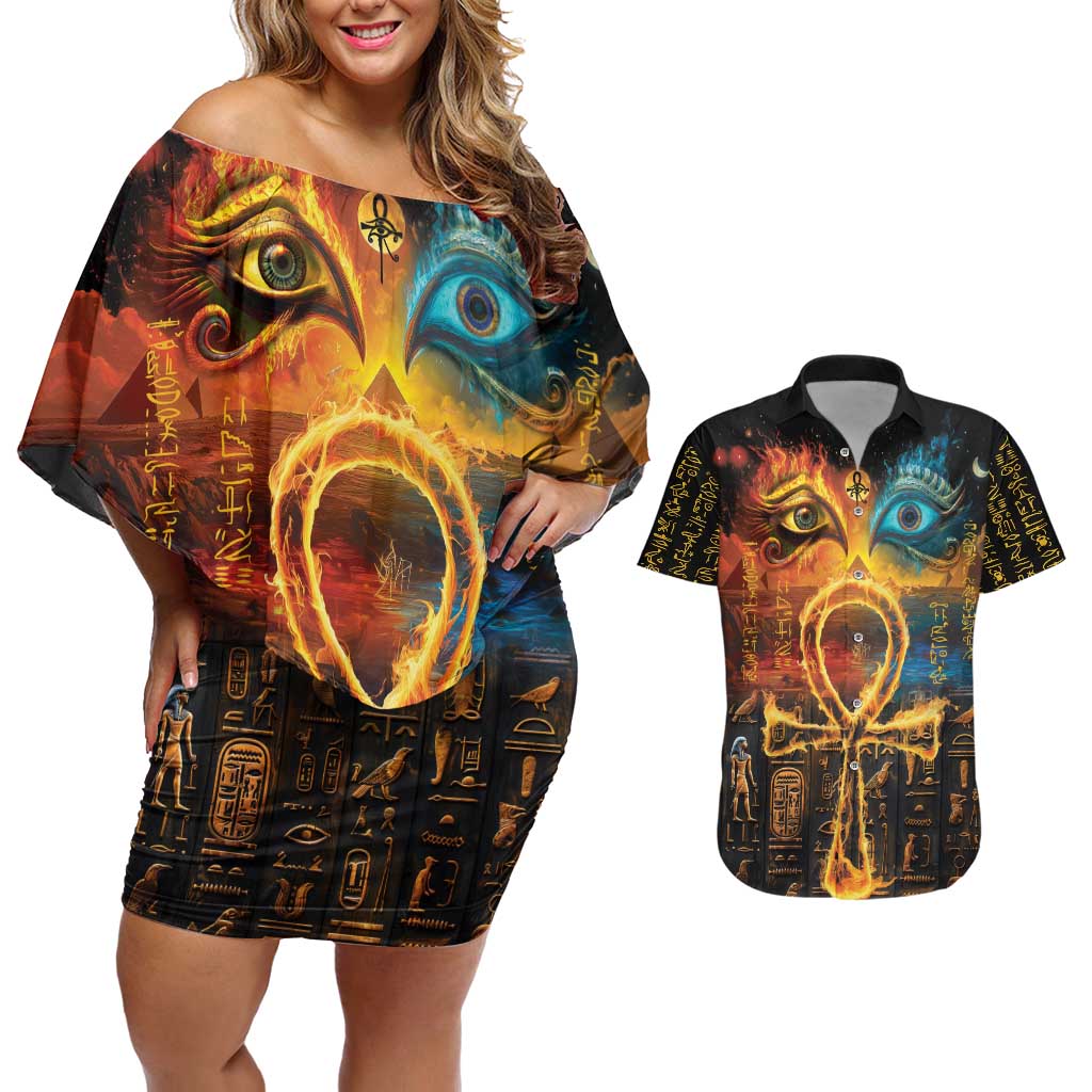 Eye of Ra and Eye of Horus Couples Matching Off Shoulder Short Dress and Hawaiian Shirt Power and Magic Ancient Egyptian Mythology LT9 - Wonder Print Shop