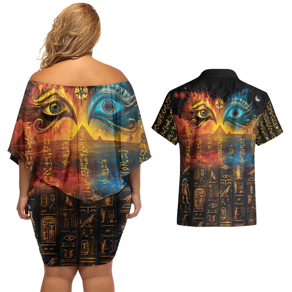 Eye of Ra and Eye of Horus Couples Matching Off Shoulder Short Dress and Hawaiian Shirt Power and Magic Ancient Egyptian Mythology LT9 - Wonder Print Shop