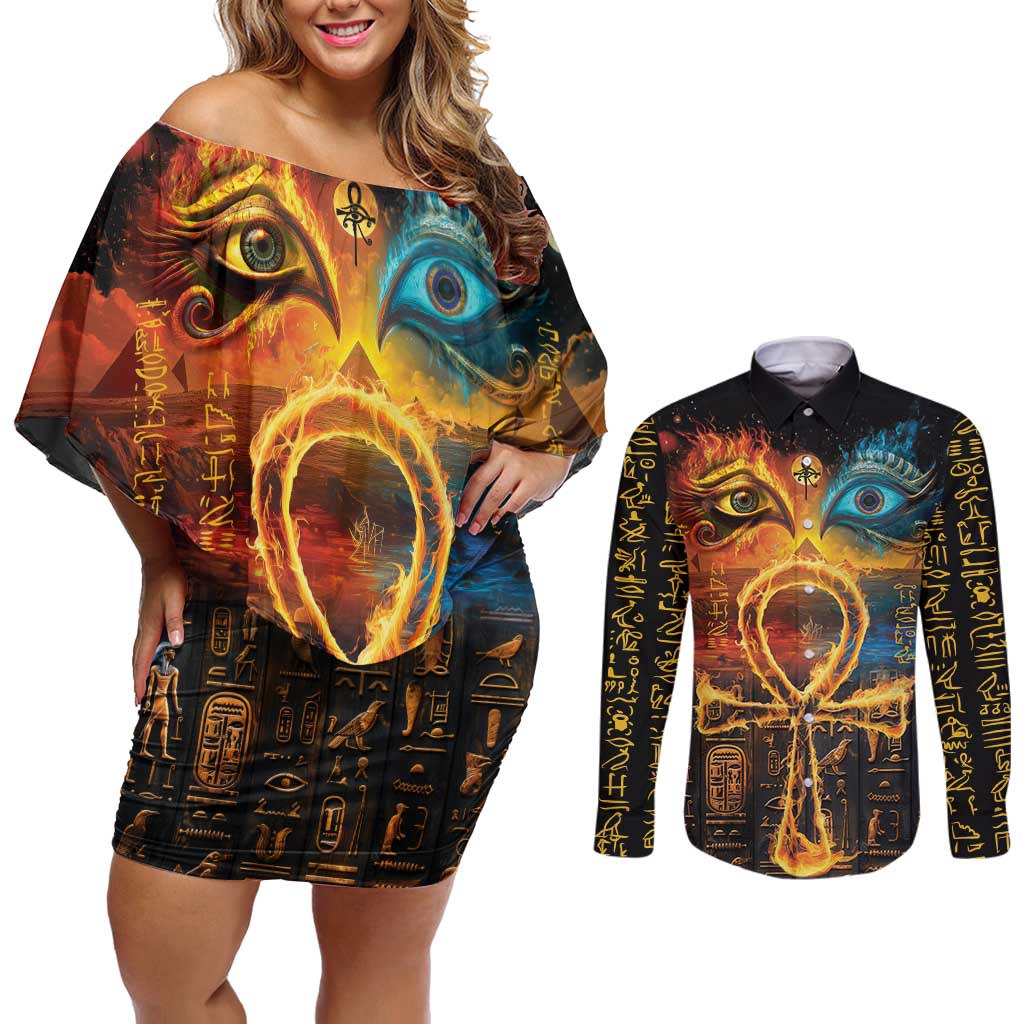 Eye of Ra and Eye of Horus Couples Matching Off Shoulder Short Dress and Long Sleeve Button Shirt Power and Magic Ancient Egyptian Mythology LT9 - Wonder Print Shop