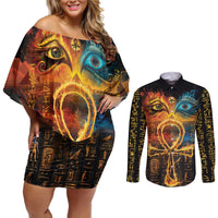 Eye of Ra and Eye of Horus Couples Matching Off Shoulder Short Dress and Long Sleeve Button Shirt Power and Magic Ancient Egyptian Mythology LT9 - Wonder Print Shop
