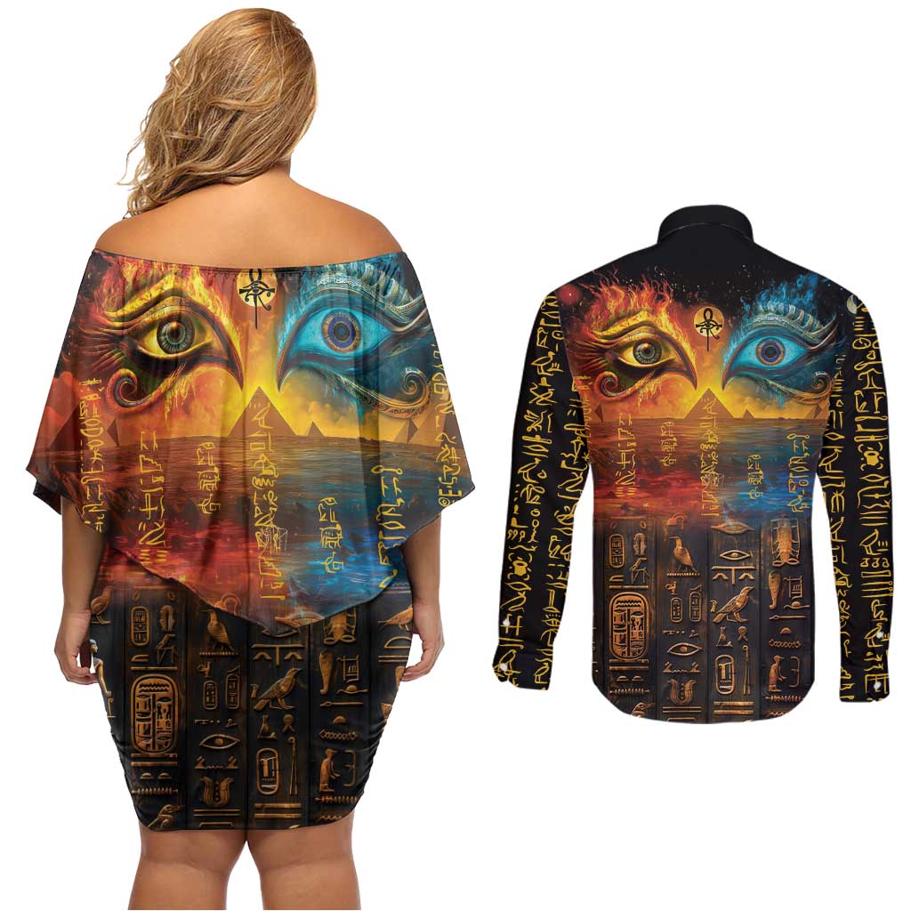 Eye of Ra and Eye of Horus Couples Matching Off Shoulder Short Dress and Long Sleeve Button Shirt Power and Magic Ancient Egyptian Mythology LT9 - Wonder Print Shop