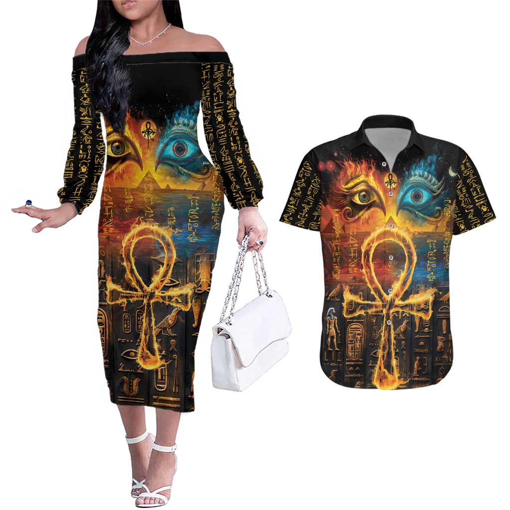 Eye of Ra and Eye of Horus Couples Matching Off The Shoulder Long Sleeve Dress and Hawaiian Shirt Power and Magic Ancient Egyptian Mythology LT9 - Wonder Print Shop