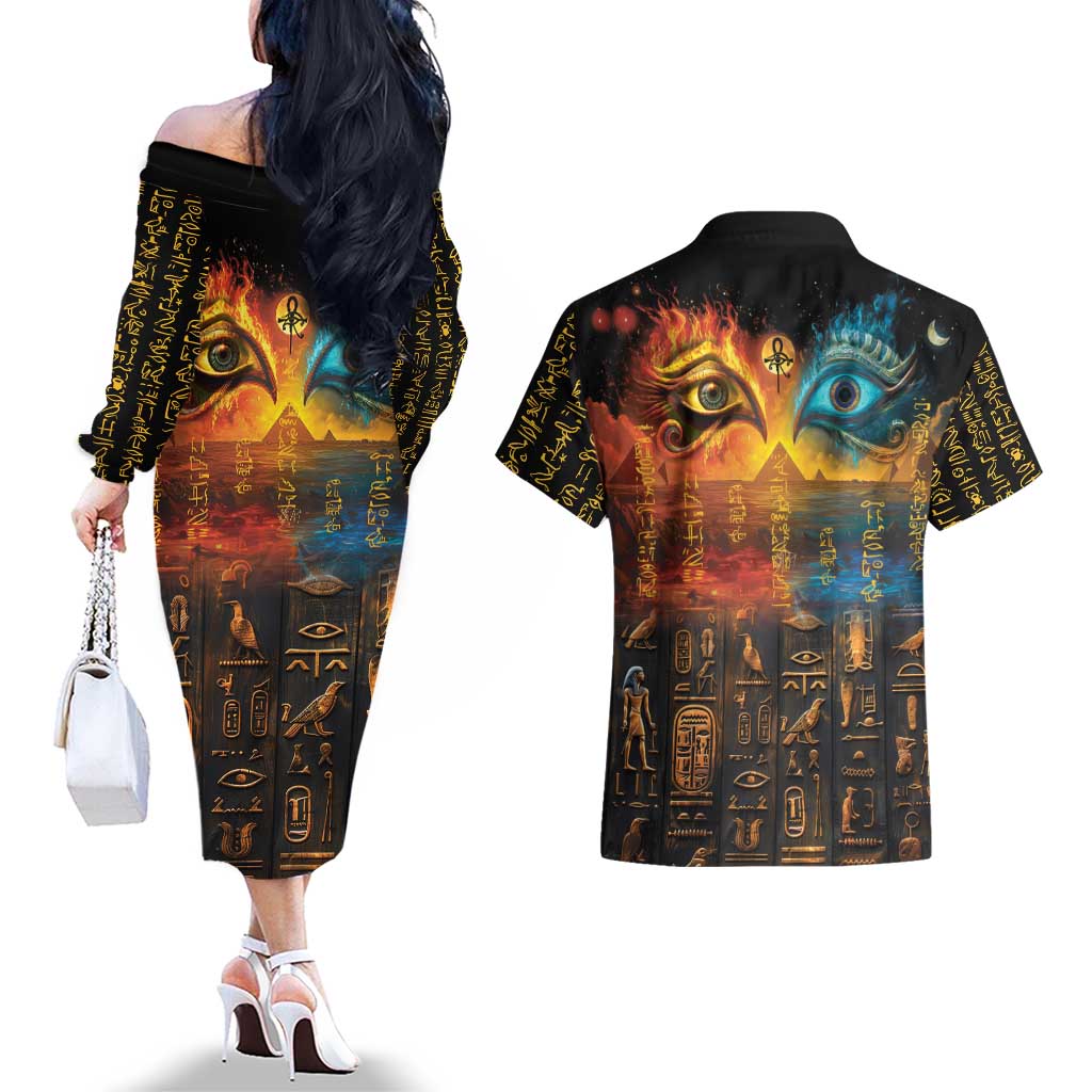Eye of Ra and Eye of Horus Couples Matching Off The Shoulder Long Sleeve Dress and Hawaiian Shirt Power and Magic Ancient Egyptian Mythology LT9 - Wonder Print Shop