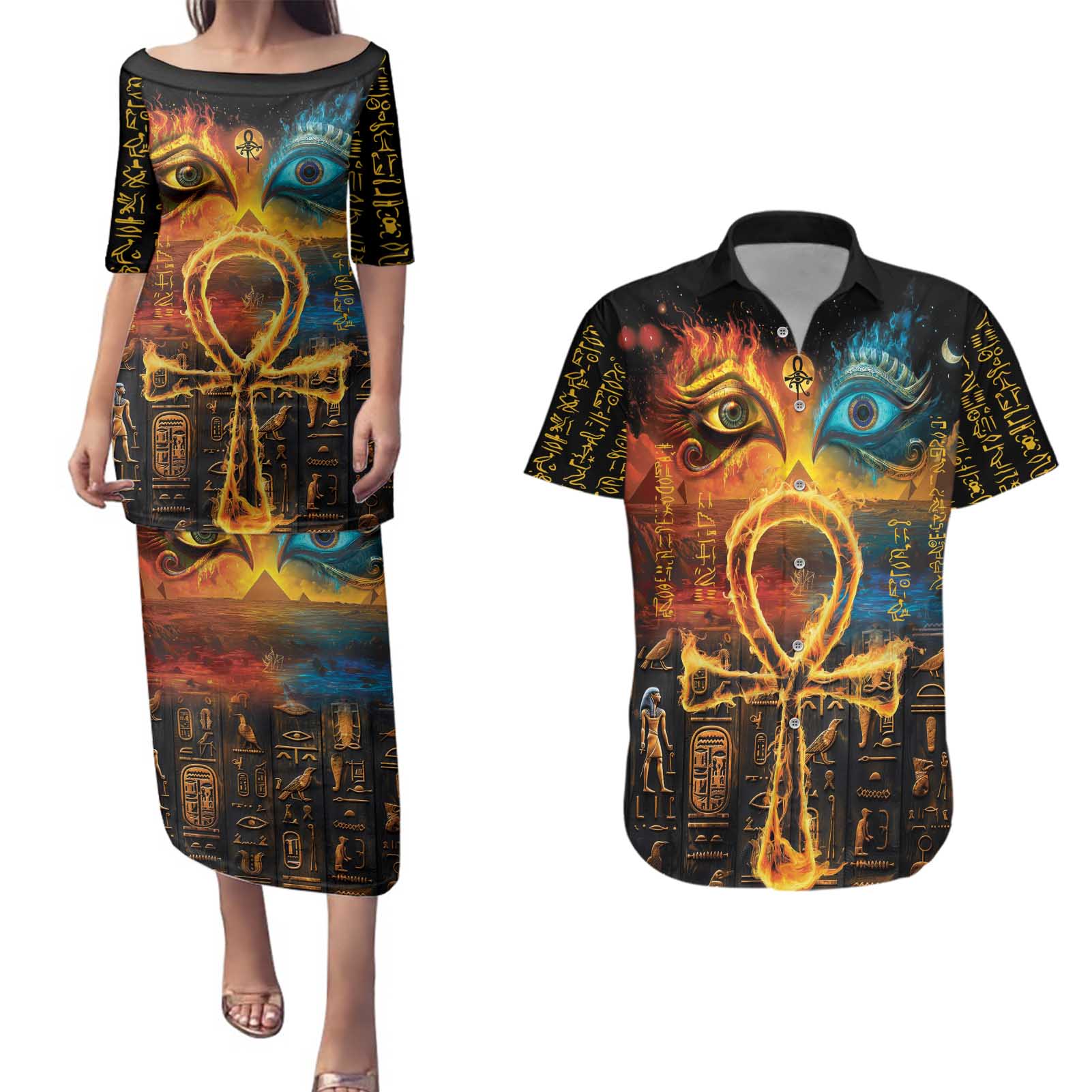Eye of Ra and Eye of Horus Couples Matching Puletasi and Hawaiian Shirt Power and Magic Ancient Egyptian Mythology LT9 - Wonder Print Shop
