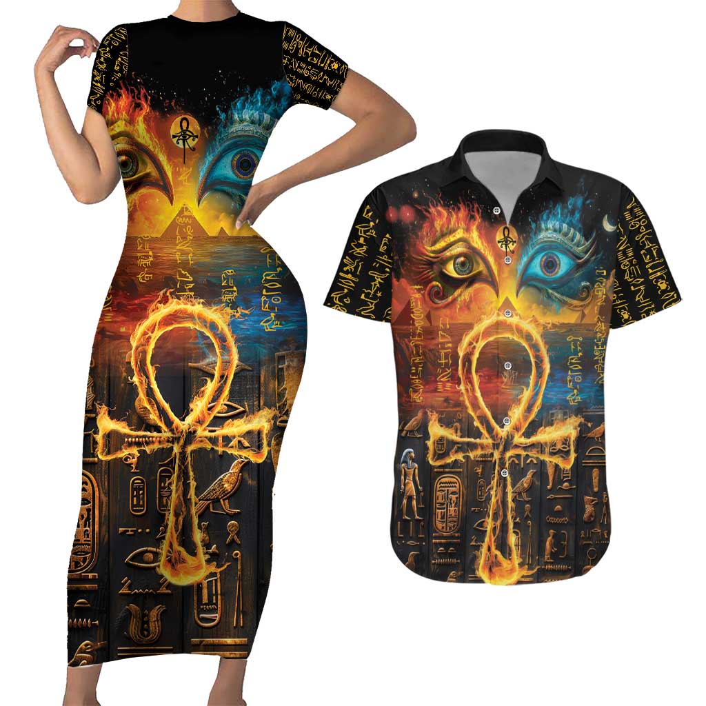Eye of Ra and Eye of Horus Couples Matching Short Sleeve Bodycon Dress and Hawaiian Shirt Power and Magic Ancient Egyptian Mythology LT9 - Wonder Print Shop