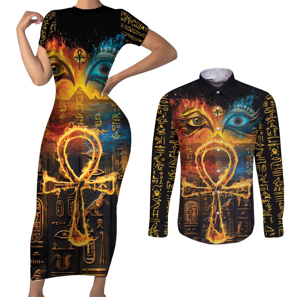 Eye of Ra and Eye of Horus Couples Matching Short Sleeve Bodycon Dress and Long Sleeve Button Shirt Power and Magic Ancient Egyptian Mythology LT9 - Wonder Print Shop