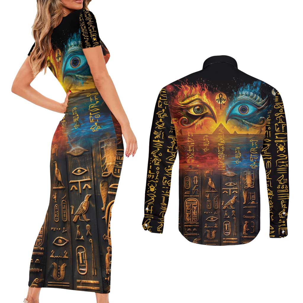 Eye of Ra and Eye of Horus Couples Matching Short Sleeve Bodycon Dress and Long Sleeve Button Shirt Power and Magic Ancient Egyptian Mythology LT9 - Wonder Print Shop