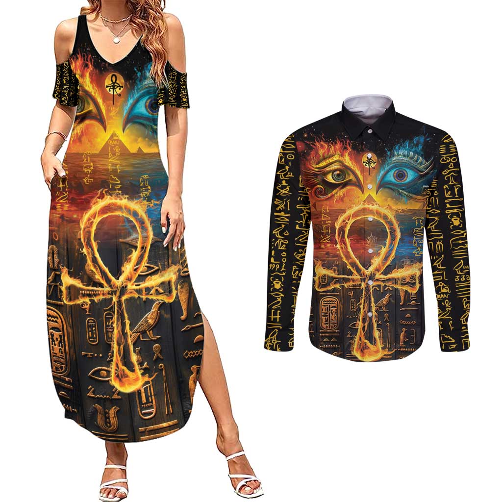 Eye of Ra and Eye of Horus Couples Matching Summer Maxi Dress and Long Sleeve Button Shirt Power and Magic Ancient Egyptian Mythology LT9 - Wonder Print Shop