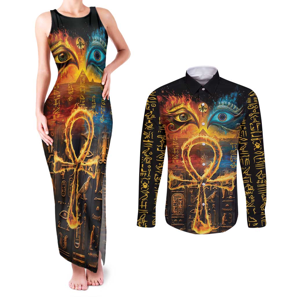 Eye of Ra and Eye of Horus Couples Matching Tank Maxi Dress and Long Sleeve Button Shirt Power and Magic Ancient Egyptian Mythology LT9 - Wonder Print Shop