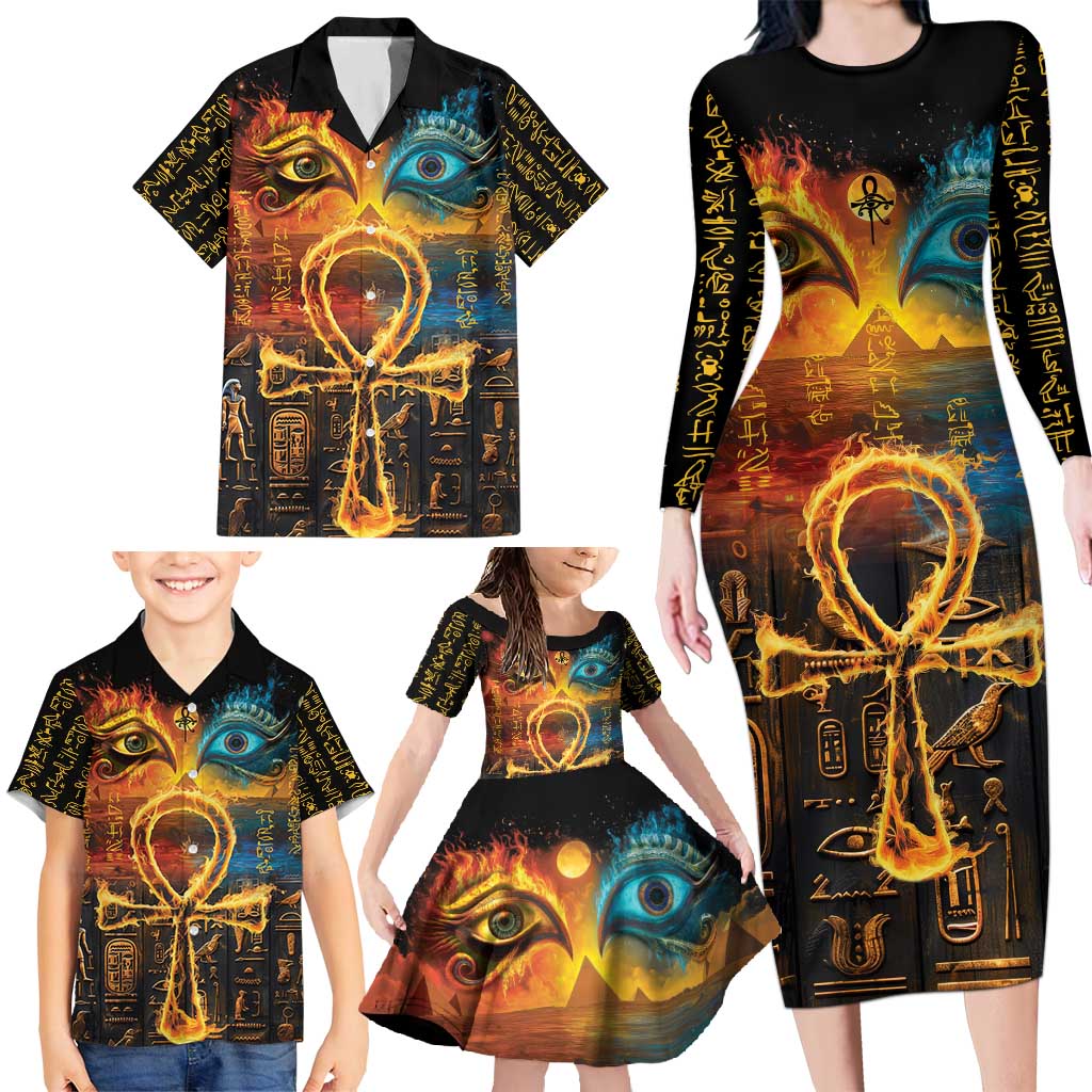 Eye of Ra and Eye of Horus Family Matching Long Sleeve Bodycon Dress and Hawaiian Shirt Power and Magic Ancient Egyptian Mythology LT9 - Wonder Print Shop