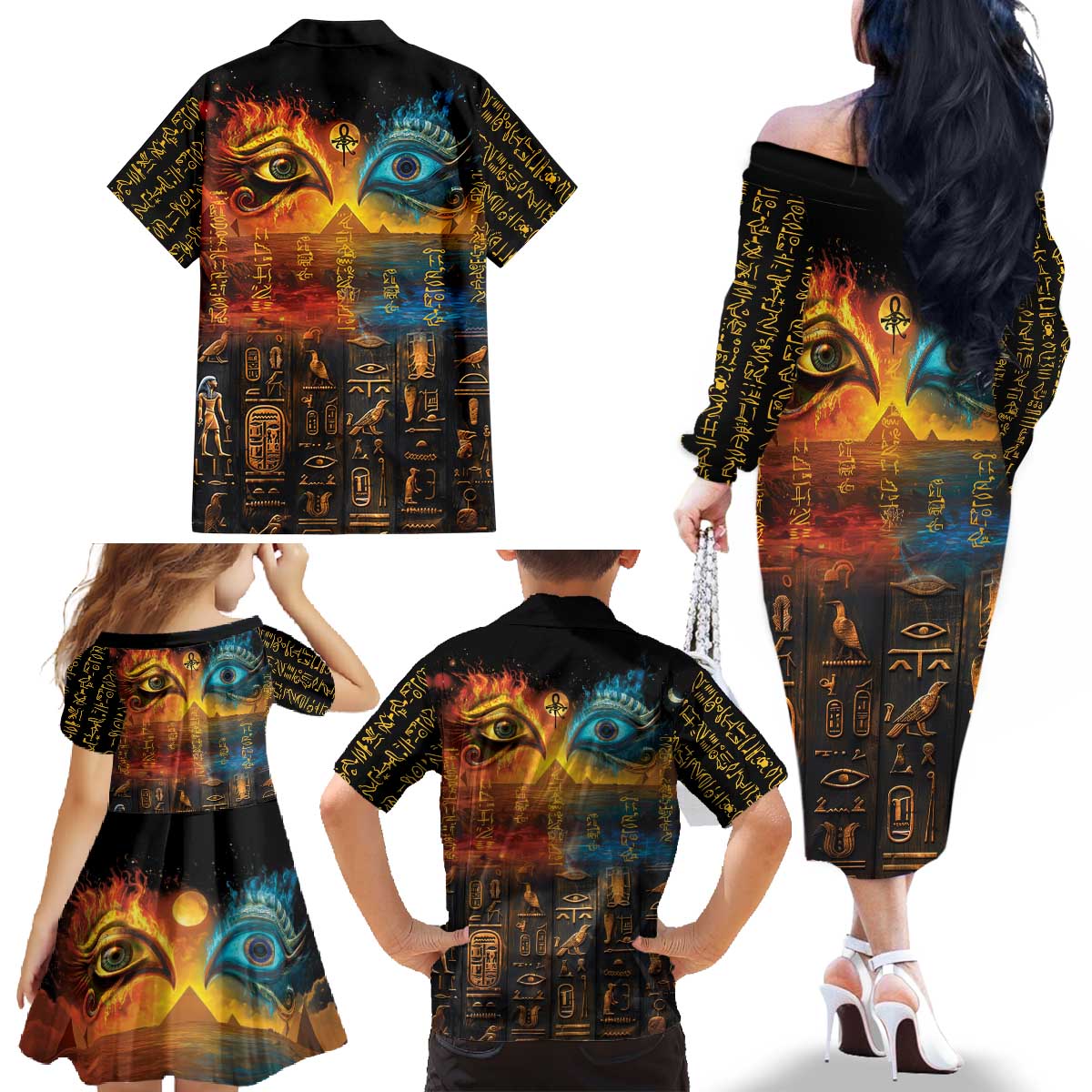 Eye of Ra and Eye of Horus Family Matching Off The Shoulder Long Sleeve Dress and Hawaiian Shirt Power and Magic Ancient Egyptian Mythology - Wonder Print Shop