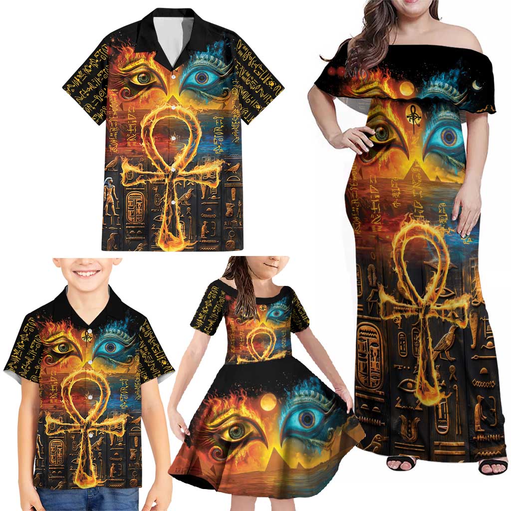 Eye of Ra and Eye of Horus Family Matching Off Shoulder Maxi Dress and Hawaiian Shirt Power and Magic Ancient Egyptian Mythology LT9 - Wonder Print Shop