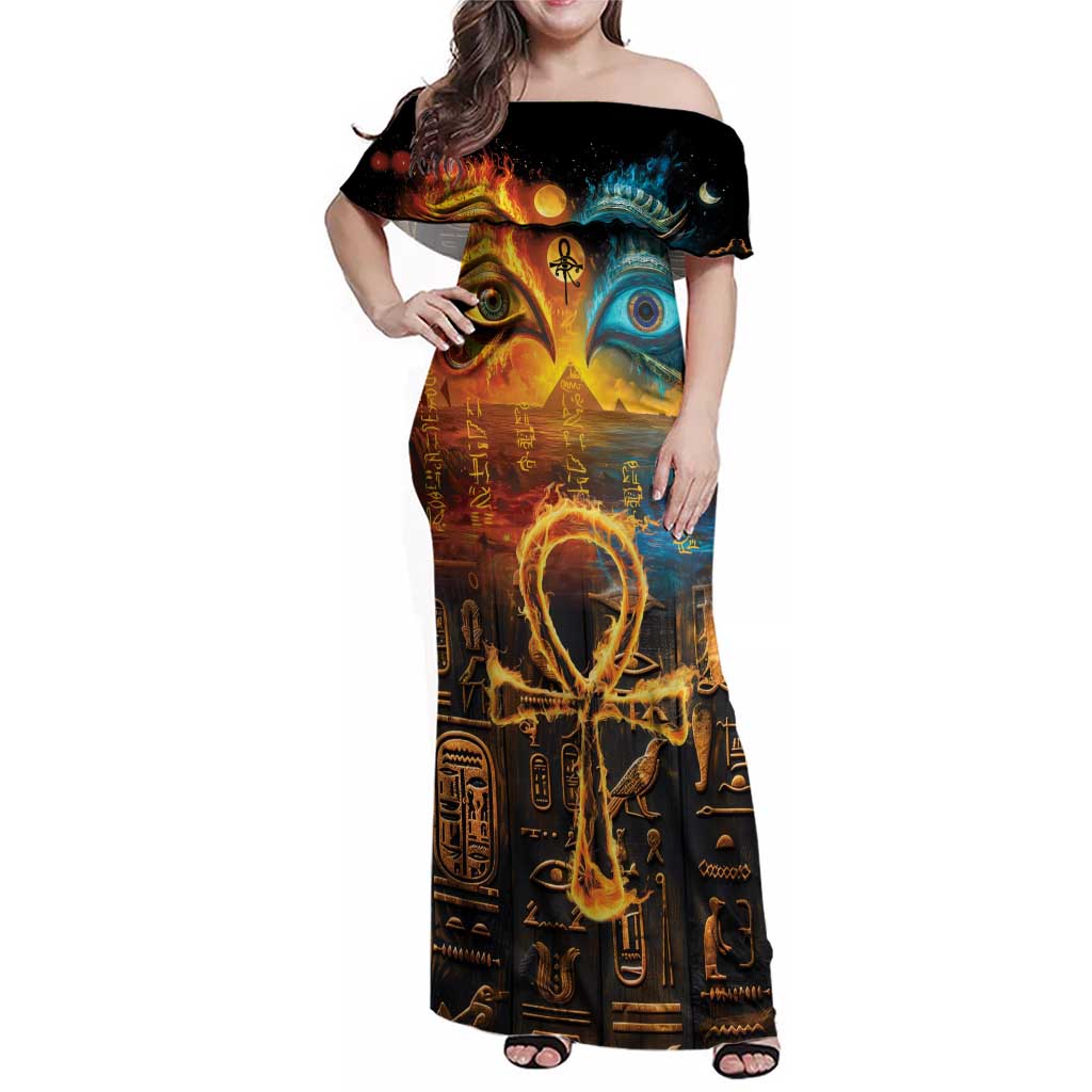 Eye of Ra and Eye of Horus Family Matching Off Shoulder Maxi Dress and Hawaiian Shirt Power and Magic Ancient Egyptian Mythology LT9 - Wonder Print Shop