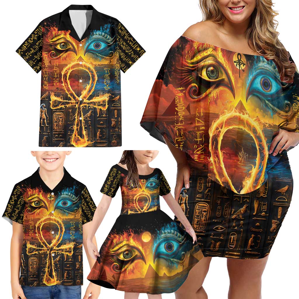 Eye of Ra and Eye of Horus Family Matching Off Shoulder Short Dress and Hawaiian Shirt Power and Magic Ancient Egyptian Mythology LT9 - Wonder Print Shop