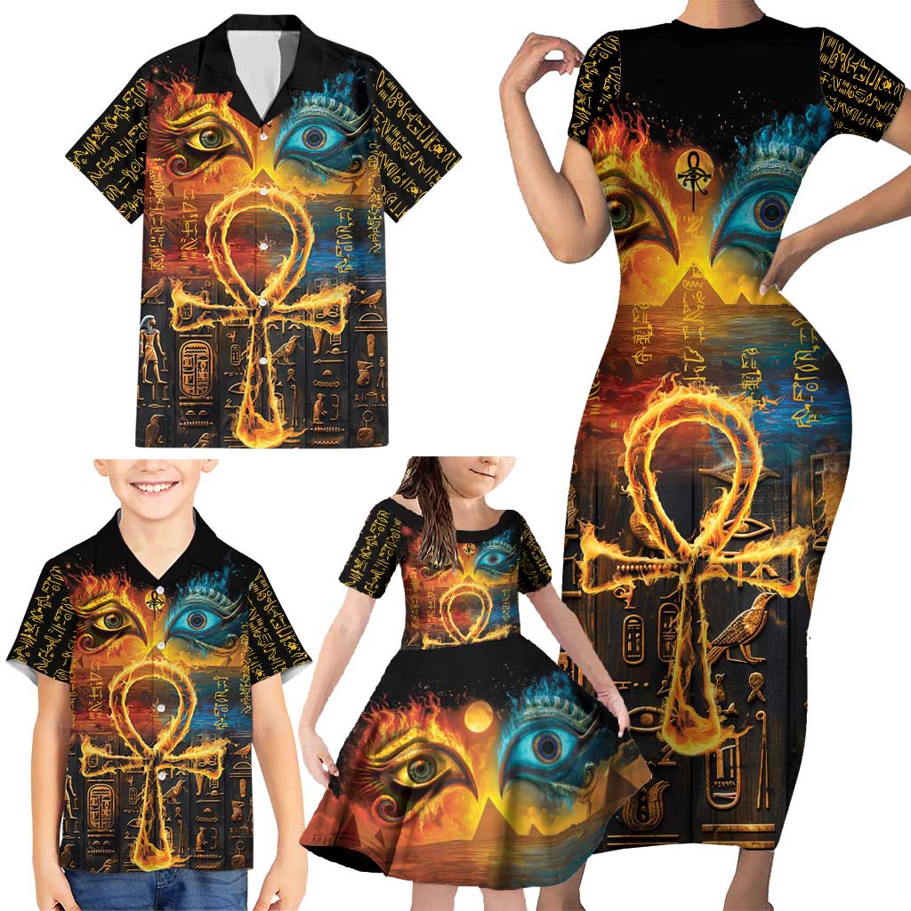 Eye of Ra and Eye of Horus Family Matching Short Sleeve Bodycon Dress and Hawaiian Shirt Power and Magic Ancient Egyptian Mythology - Wonder Print Shop