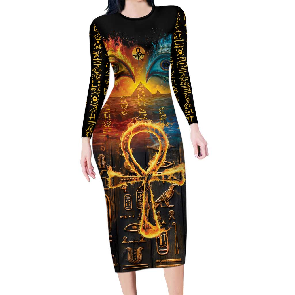 Eye of Ra and Eye of Horus Long Sleeve Bodycon Dress Power and Magic Ancient Egyptian Mythology - Wonder Print Shop