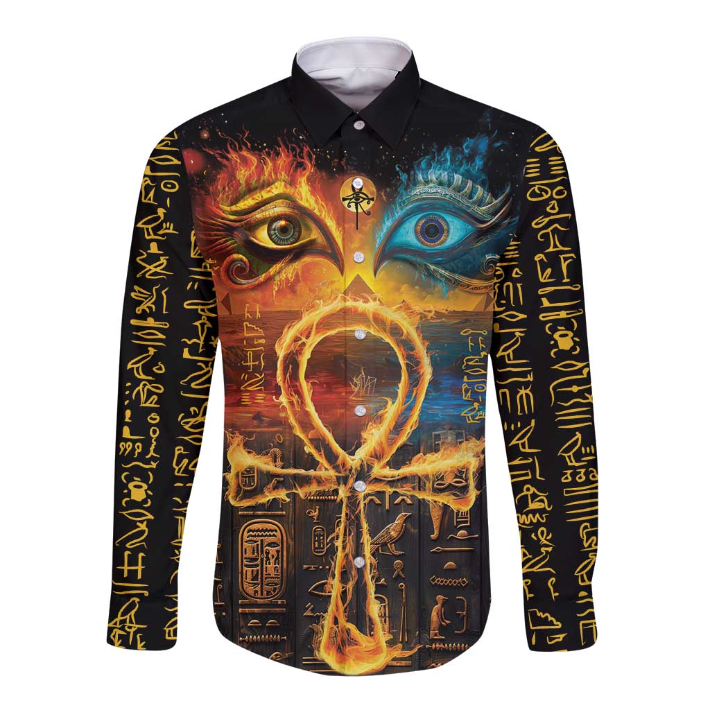Eye of Ra and Eye of Horus Long Sleeve Button Shirt Power and Magic Ancient Egyptian Mythology - Wonder Print Shop