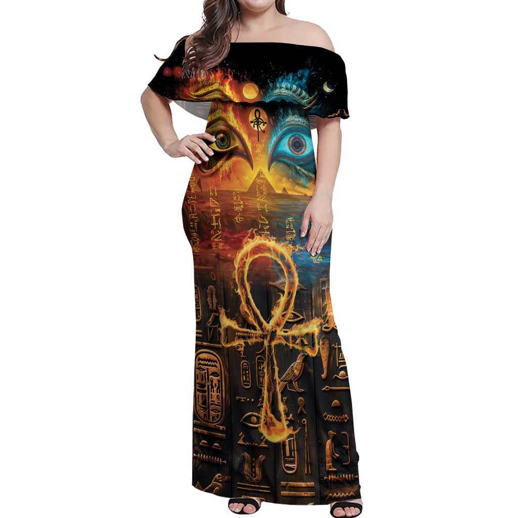 Eye of Ra and Eye of Horus Off Shoulder Maxi Dress Power and Magic Ancient Egyptian Mythology - Wonder Print Shop