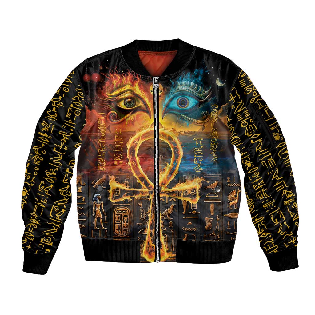 Eye of Ra and Eye of Horus Sleeve Zip Bomber Jacket Power and Magic Ancient Egyptian Mythology - Wonder Print Shop