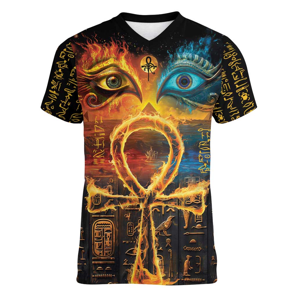 Eye of Ra and Eye of Horus Women V-Neck T-Shirt Power and Magic Ancient Egyptian Mythology - Wonder Print Shop
