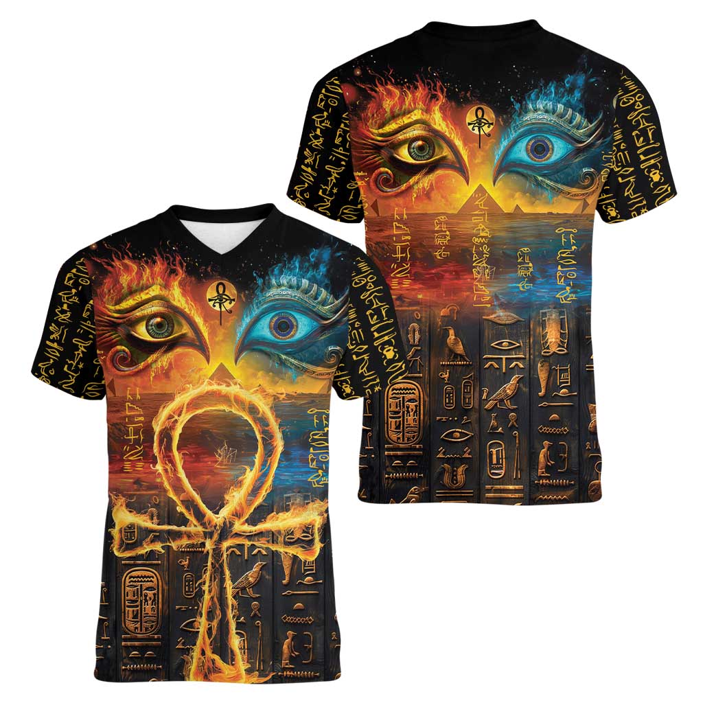 Eye of Ra and Eye of Horus Women V-Neck T-Shirt Power and Magic Ancient Egyptian Mythology - Wonder Print Shop