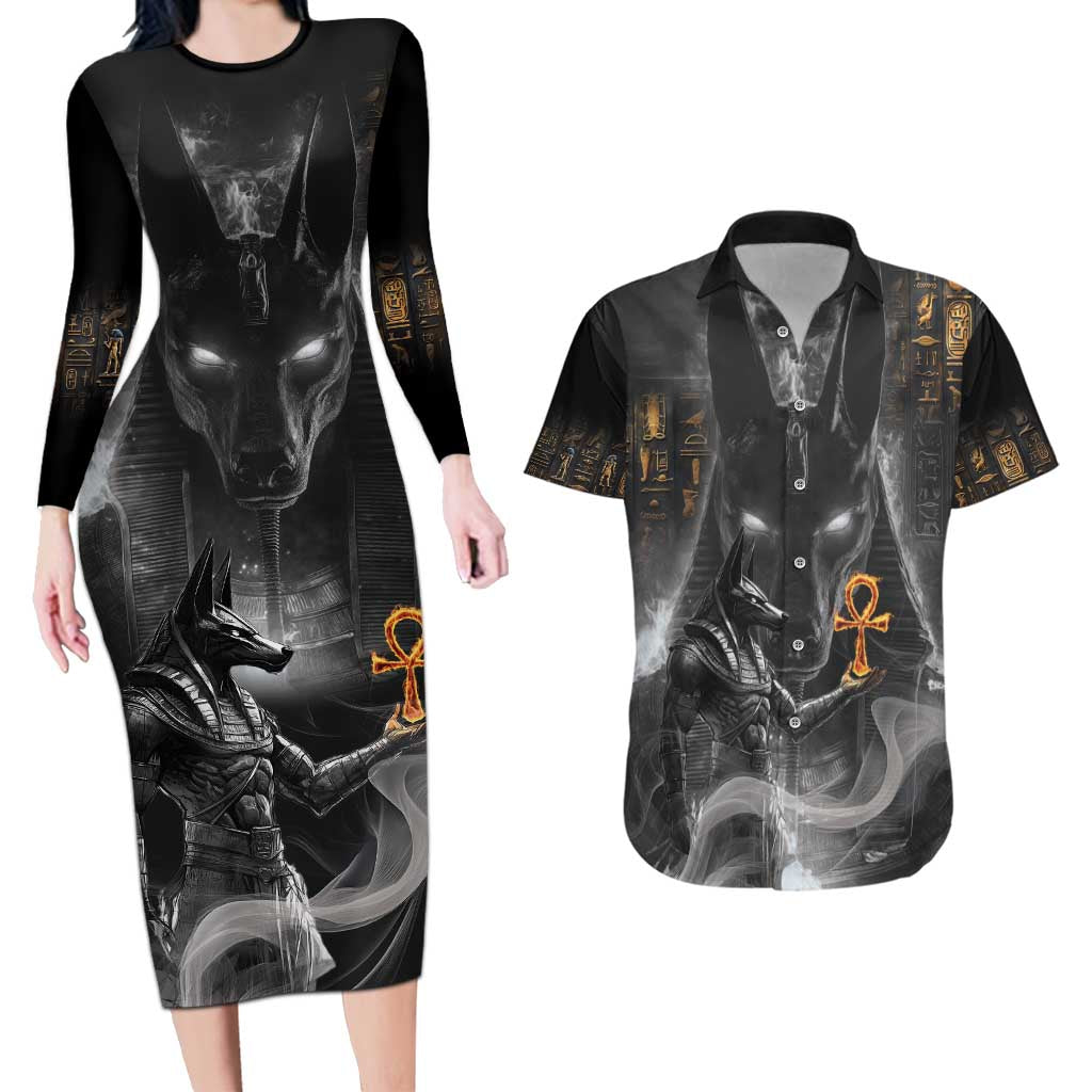Mythical Anubis Couples Matching Long Sleeve Bodycon Dress and Hawaiian Shirt The Egyptian God of Death LT9 - Wonder Print Shop