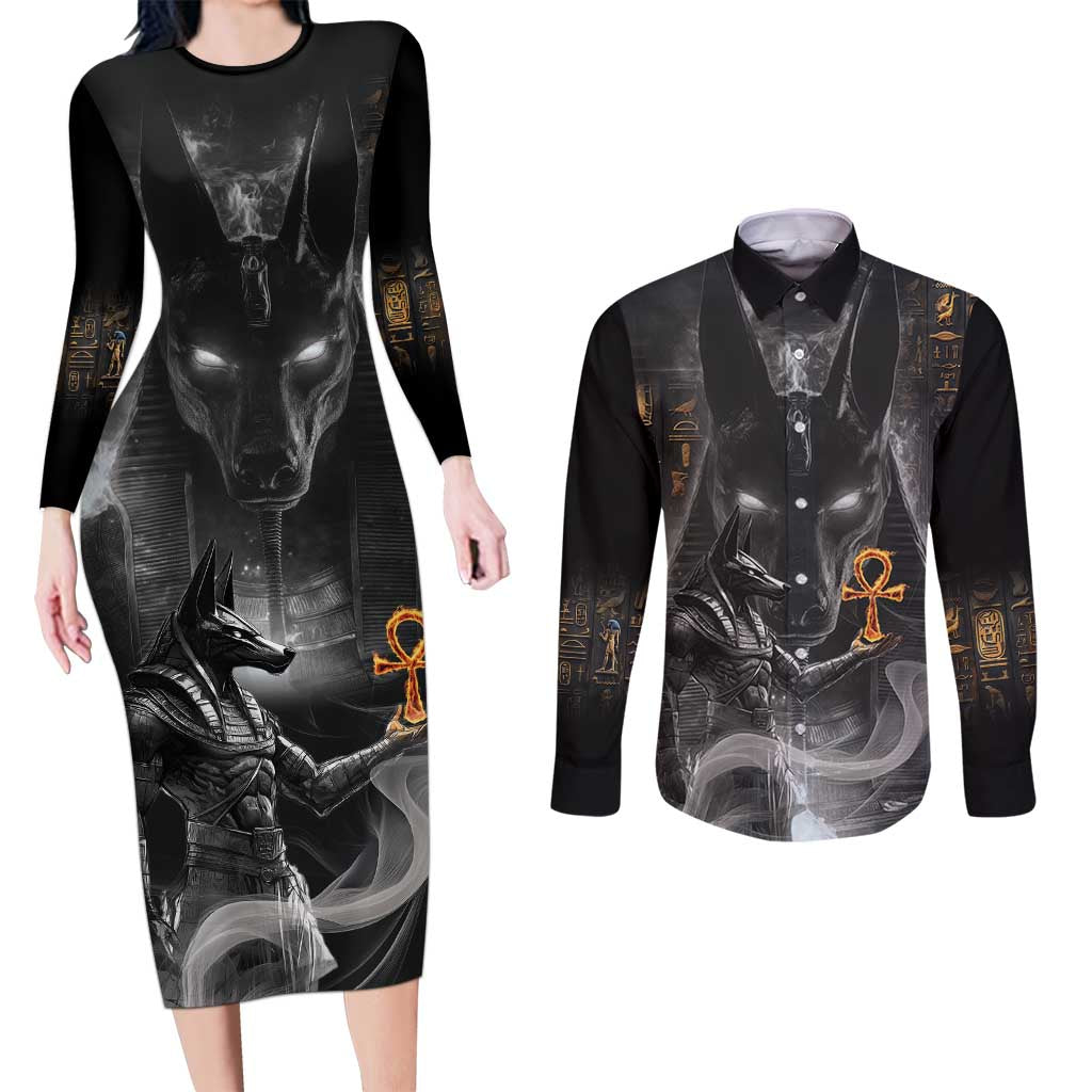 Mythical Anubis Couples Matching Long Sleeve Bodycon Dress and Long Sleeve Button Shirt The Egyptian God of Death LT9 - Wonder Print Shop