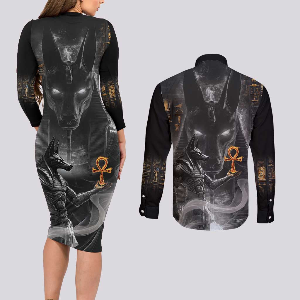 Mythical Anubis Couples Matching Long Sleeve Bodycon Dress and Long Sleeve Button Shirt The Egyptian God of Death LT9 - Wonder Print Shop