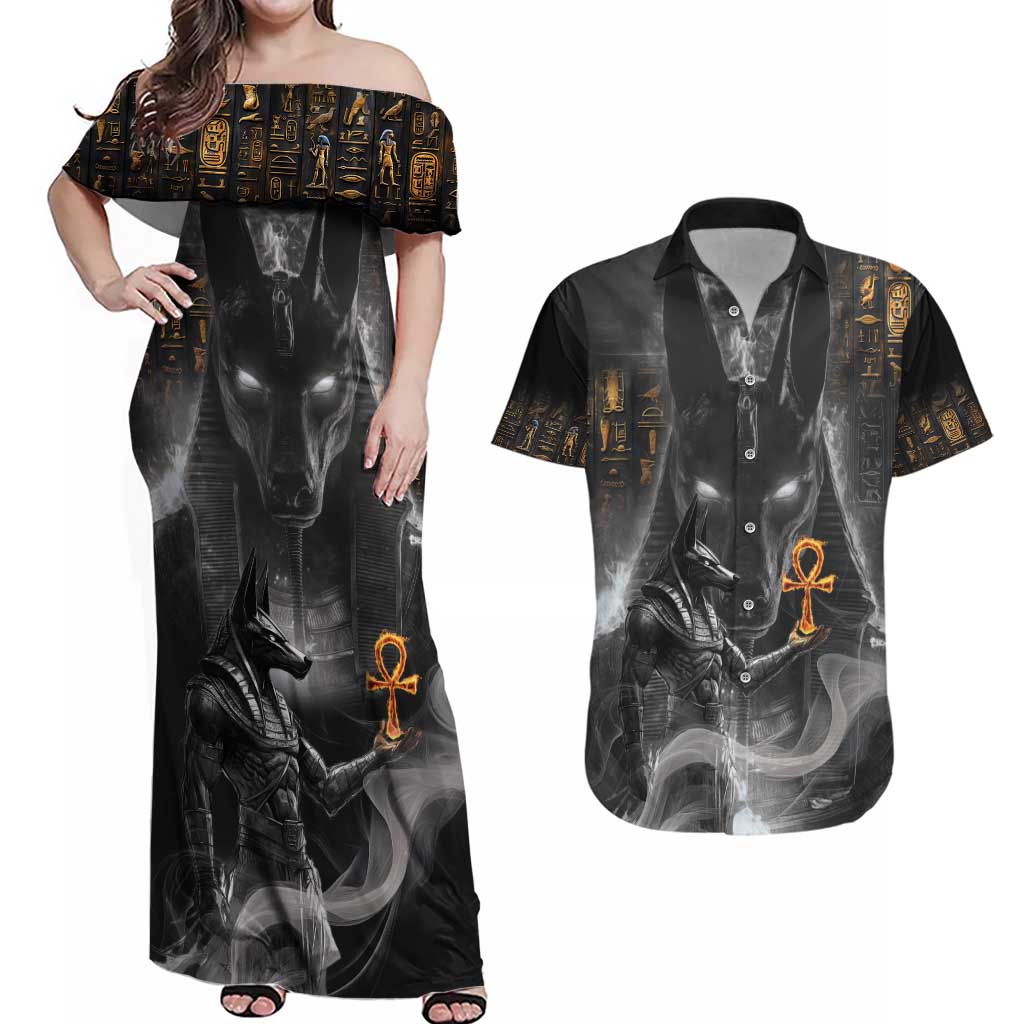 Mythical Anubis Couples Matching Off Shoulder Maxi Dress and Hawaiian Shirt The Egyptian God of Death LT9 - Wonder Print Shop