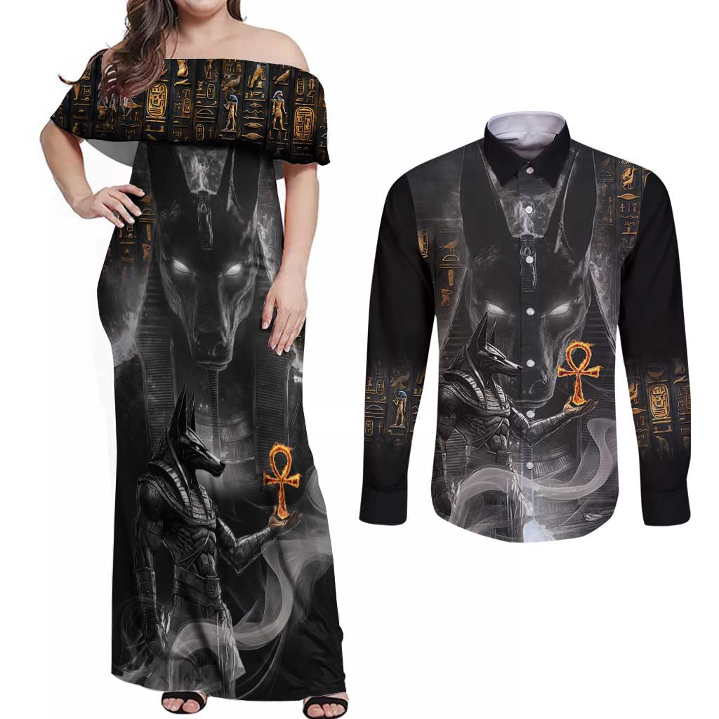 Mythical Anubis Couples Matching Off Shoulder Maxi Dress and Long Sleeve Button Shirt The Egyptian God of Death LT9 - Wonder Print Shop